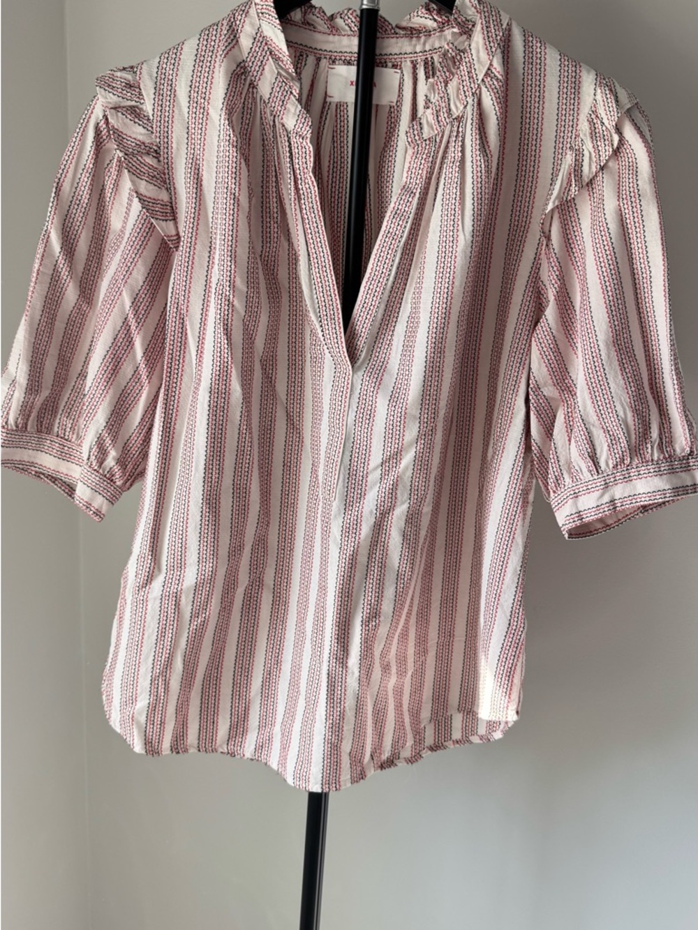 XiRENA Pink & Cream Striped Ruffle-Neck Peasant Blouse - Picture 3 of 9